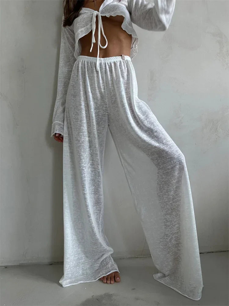 Casual Fashion 2 Piece-Set Trousers For Women V-Neck Lace-Up Long Sleeve Top And High Waist Women's Pants Outfits Female