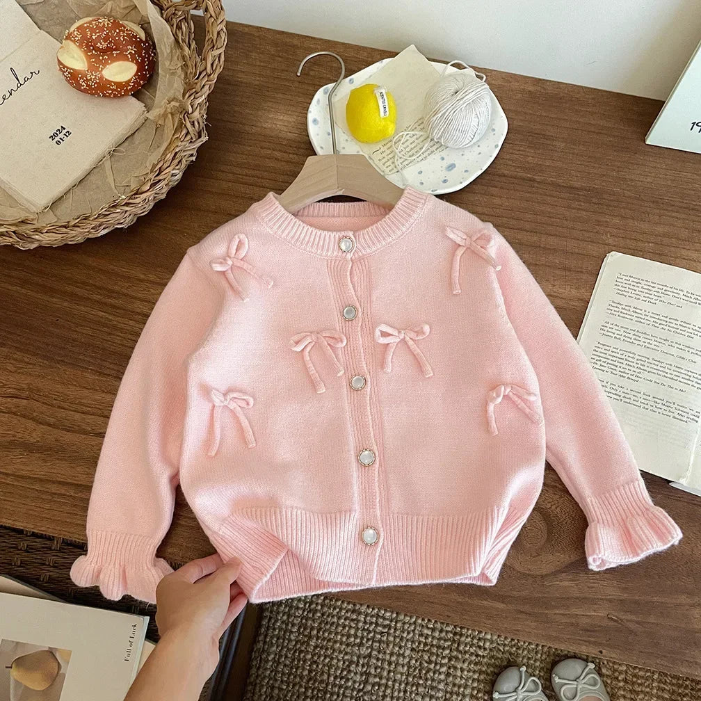 Childrens Clothing 2024 Autumn and Winter New Item Girls Bow Knit Cardigan Sweater Jacket Cute Baby Sweet Top Fashion
