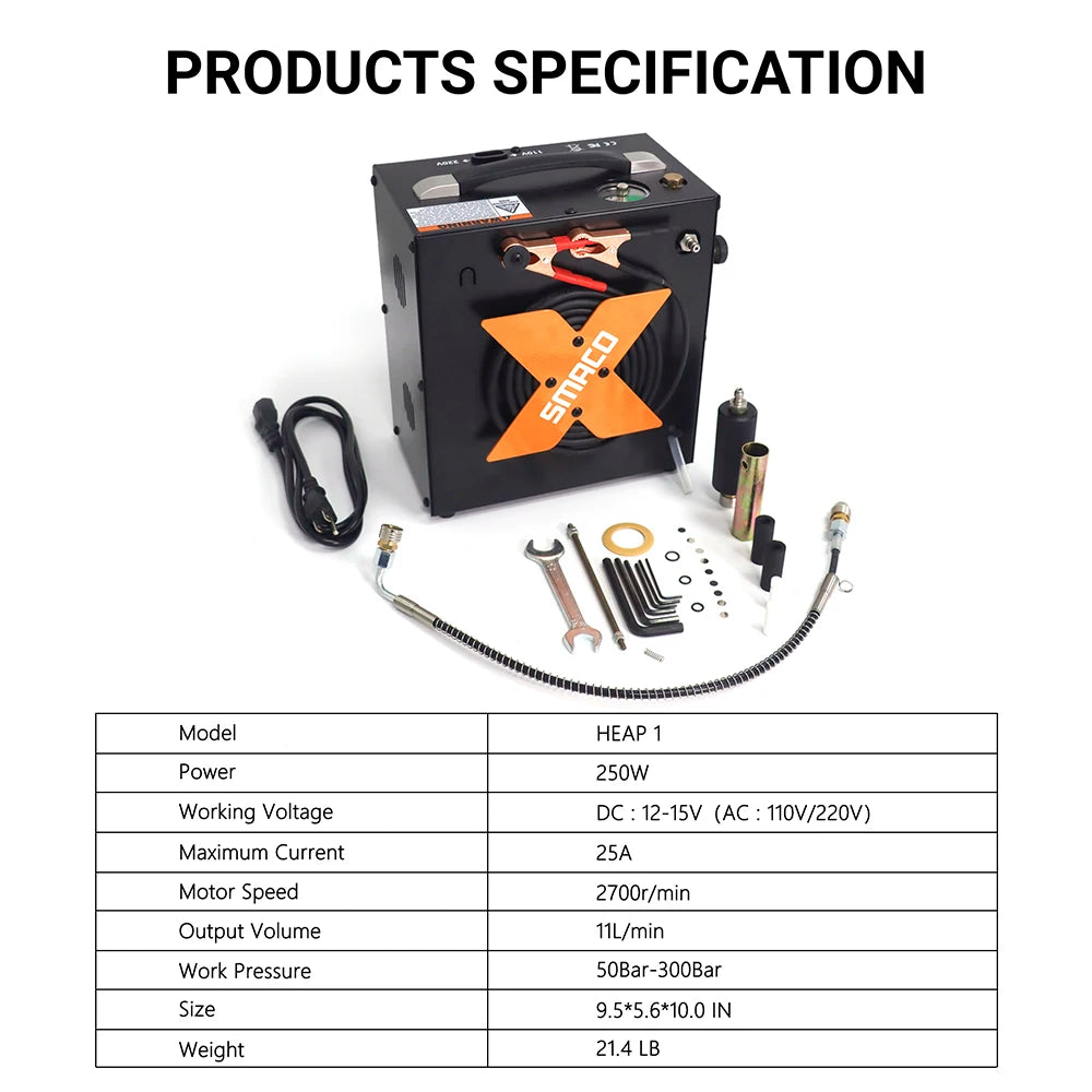 SMACO Air Compressor 4500psi/30mpa High Pressure Air Compressor Scuba Tank Hpa Pump Oil Free 12v Dc 220v Ac Water/Oil Separator