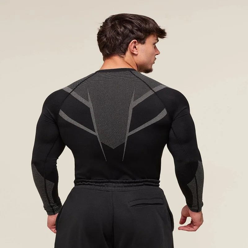 Ropa ajustada para hombre, ropa deportiva para entrenamiento, fitness, correr, cuello redondo largo estampado elástico a la moda
