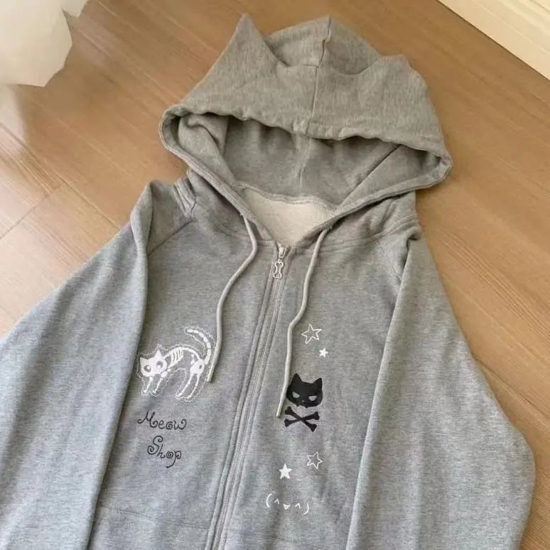 Ropa Mujer Japanese Cute Hoodies Coats Cute Cat Print Hooded Sweatshirts Y2K Tops Women Clothing Casual Zipper Loose Hoodie