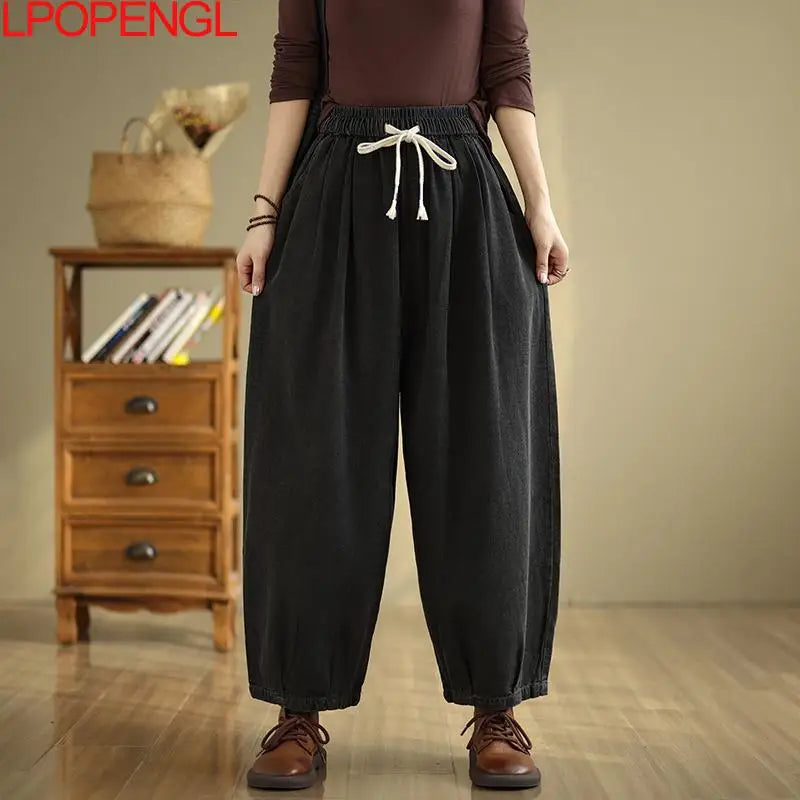 Women's 2025 New Retro Literary Loose Simple Versatile Drawstring Denim Wide-leg Trousers Casual Streetwear Washed Harem Pants