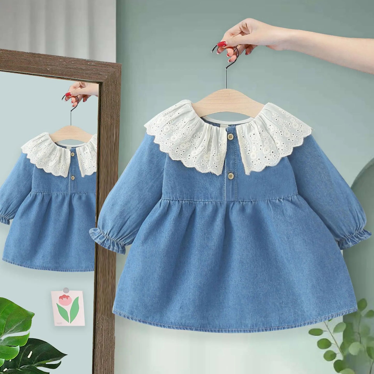 Children's Clothing Autumn Girls' Dress Children's Long-sleeved Foreign Denim Skirt Children's Baby Lace Collar Princess Dress