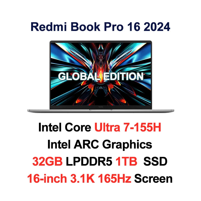 Xiaomi laptop 2024 RedmiBook Pro 16 Core Ultra 5-125H/Ultra 7-155H ARC Graphics 32GB DDR5 1TB SSD 16-inch 3.1K 165hz Screen Pc