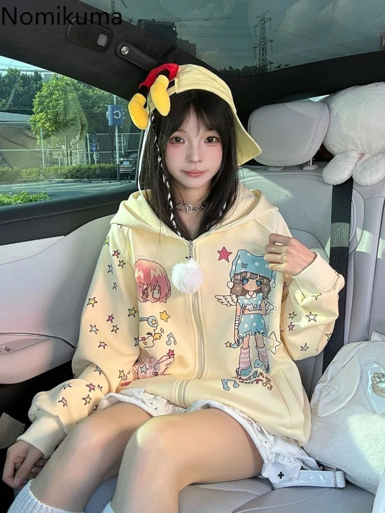 2025 Ropa Mujer Japanese Coat for Women‘s Thicked Cute Cartoon Print Jackets Oversized Tops Casual Fashion Ear Hooded Outwear