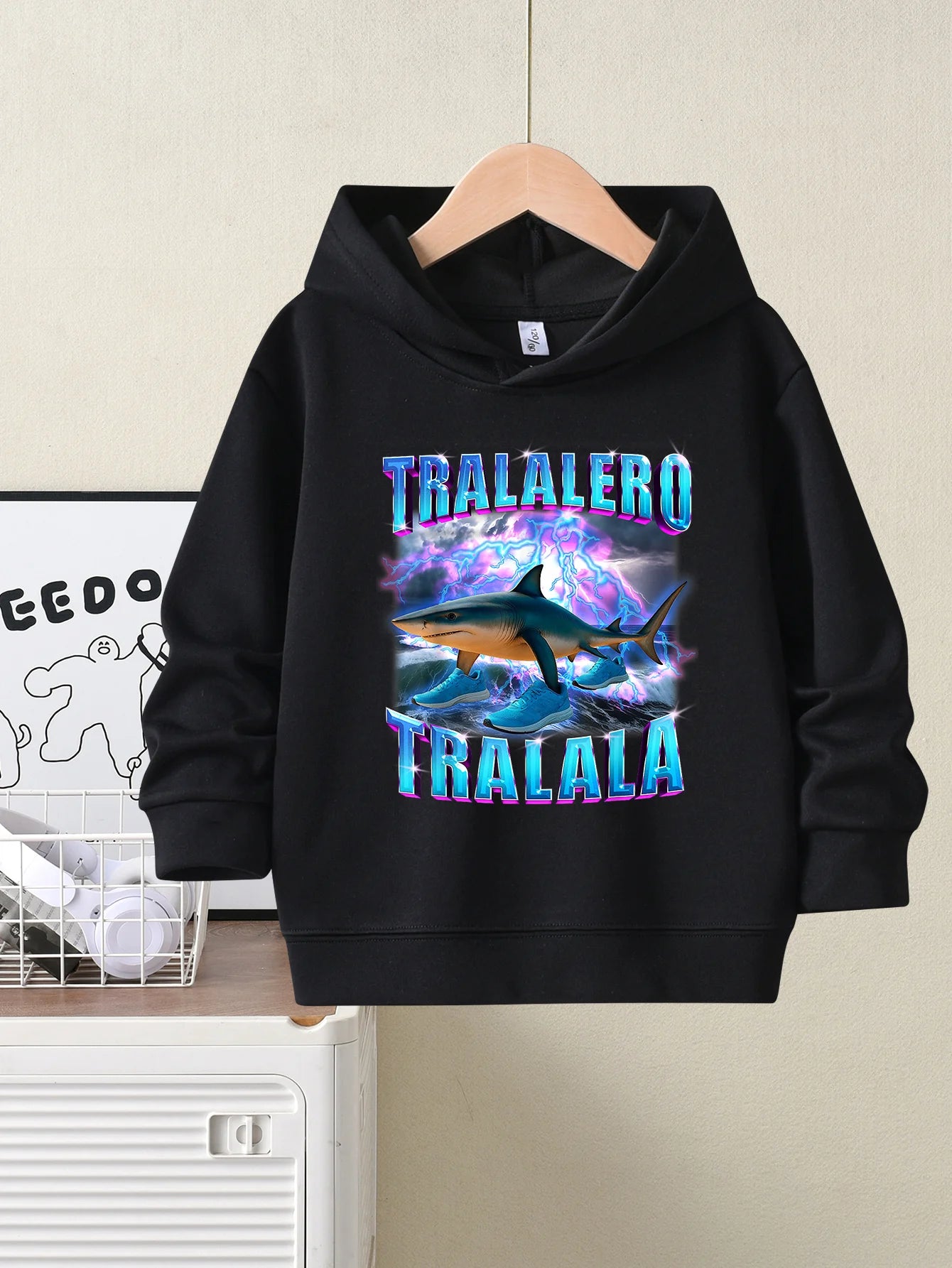 Children's clothing hoodie; shark print pattern; trendy boys' top; hooded pullover sweatshirt to be worn as outerwear.