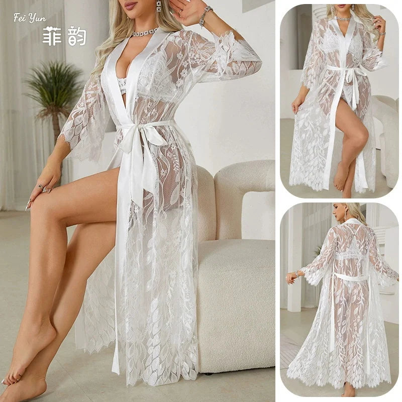 Women'S Home Sexy Pure Desire Love Mesh Pajamas Morning Robe Ice Silk Long Robe Sexy Lingerie Role Play Monos Para Mujer 