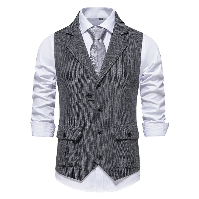 Costume Homme Vintage Suit Vest Men Herringbone Tweed Gentleman Elegant Wasitcoat Mens Business Formal Dress Vest Chaleco Hombre