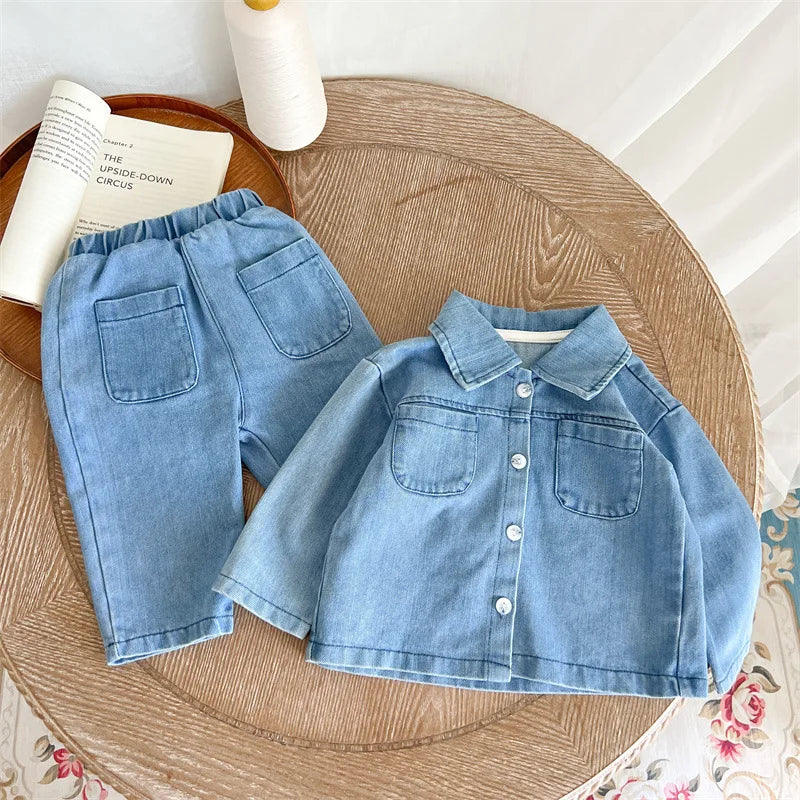 Children's suit spring and autumn boys and girls long-sleeved denim shirt jacket trousers two-piece baby top denim suit