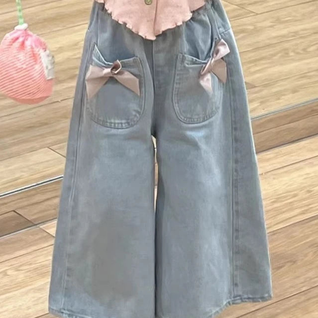 Children's Clothing Sets Pink Long-sleeved Sweater + Bow Denim Wide-leg Pants 2pcs Girls Clothes 2 To 6 Years Baby Girl Clothes
