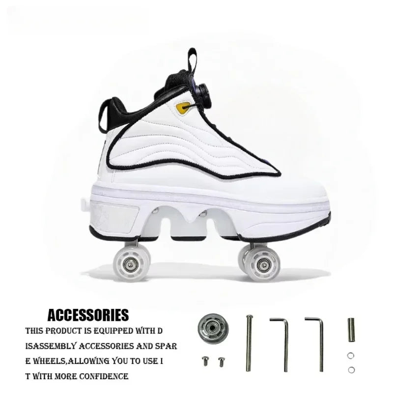 Roller Shoes Adult Unisex Retractable Four Wheels Walk Shoe Girls Boys Parkour Sneaker Stylish Skate 2 in 1 Removable Pulley