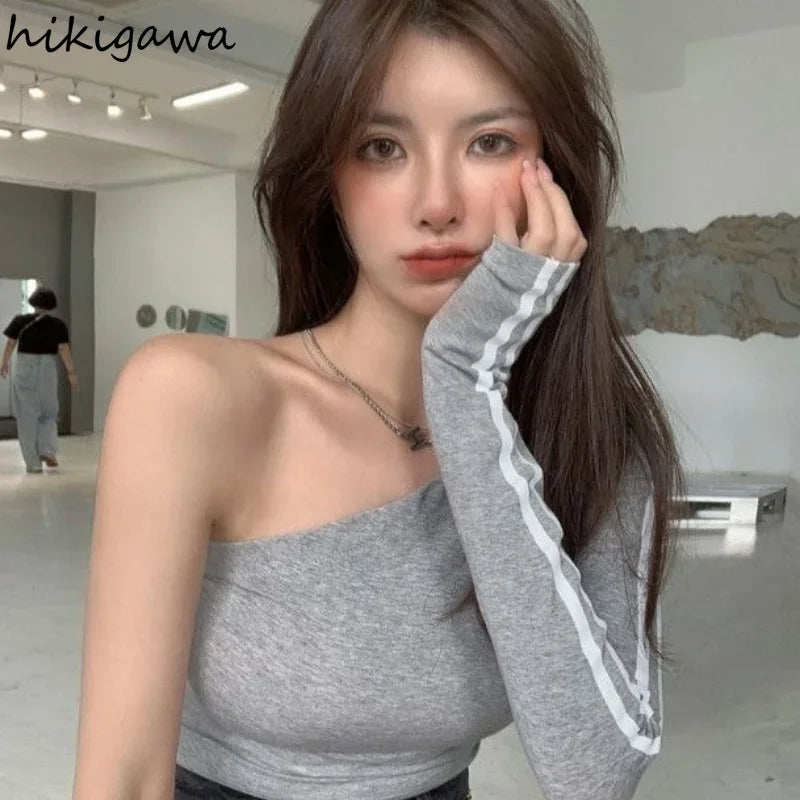 2025 Ropa Mujer Sexy Tshirts Women Off Shoulder Long Sleeve Tunic Black Tees Chic Casual T Shirt Summer Harajuku Y2k Crop Tops