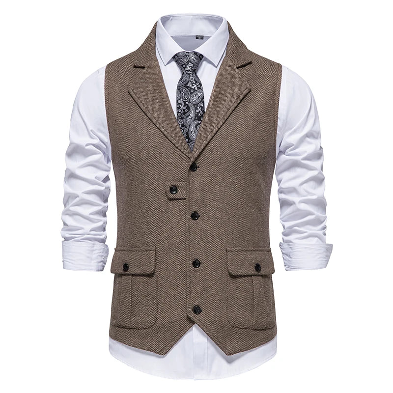 Costume Homme Vintage Suit Vest Men Herringbone Tweed Gentleman Elegant Wasitcoat Mens Business Formal Dress Vest Chaleco Hombre