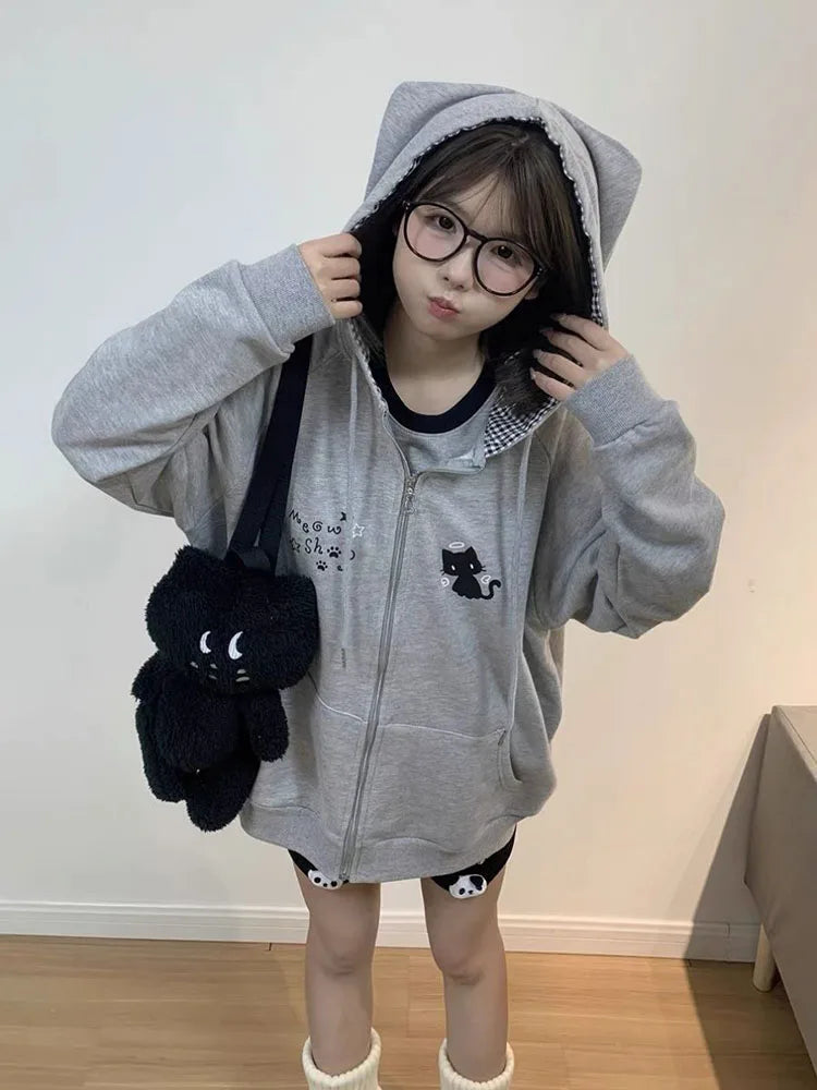 Ropa Mujer Japanese Cute Hoodies Coats Cute Cat Print Hooded Sweatshirts Y2K Tops Women Clothing Casual Zipper Loose Hoodie