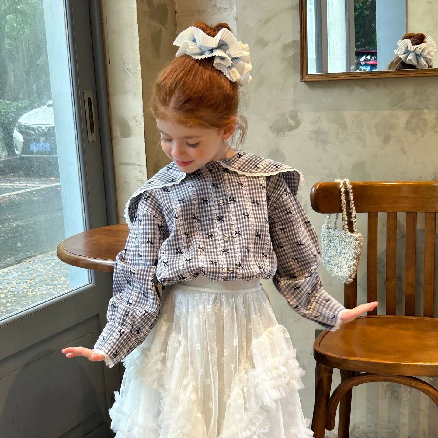2025 Children's Clothing Girls' Autumn New Fashionable Gentle and Generous Collar Flip Collar Checkered Bow Top