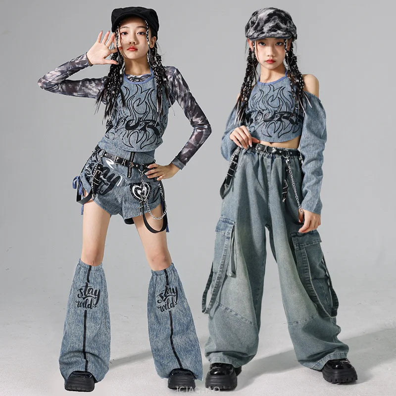 2025 Children's Costume Performance Clothes Fashion Street Style Cool Girl Hip Hop Jean Tops Clothing Hiphop Outfit Denim Dance