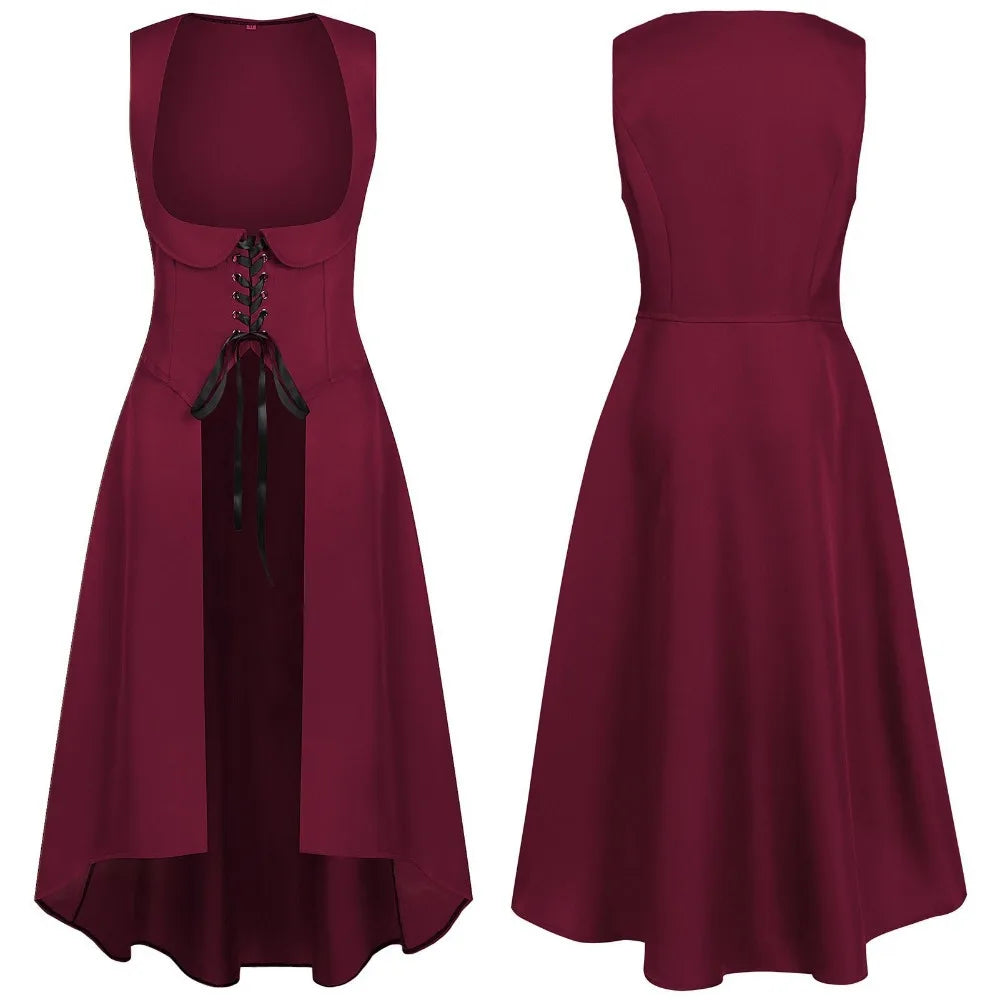 Women Renaissance Dress Peasant Pirate Medieval Tight Waist Apron High Low Dress