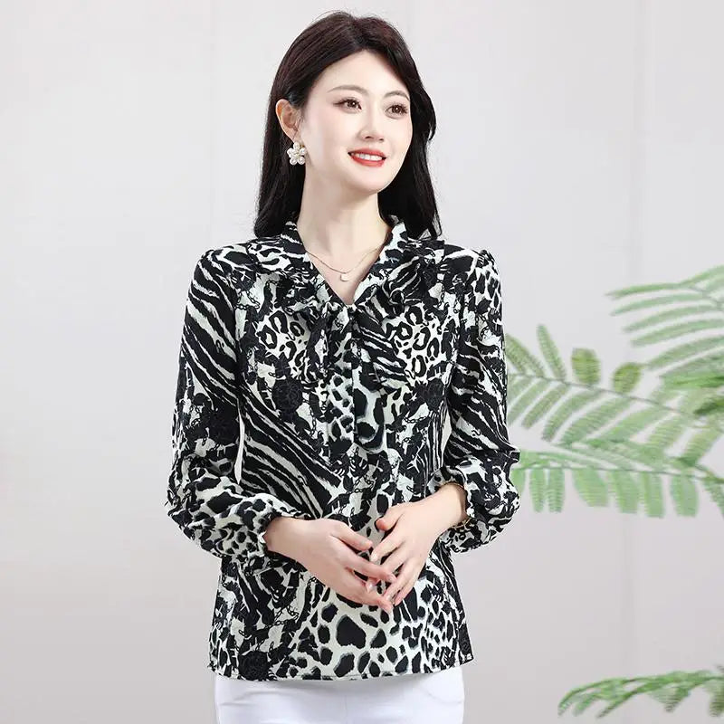 Women Blouse Casual Fashion Bow Ruffles Print Chiffon Blouse Shirt Spring and summer Long Sleeve Women Tops Blusa Mujer