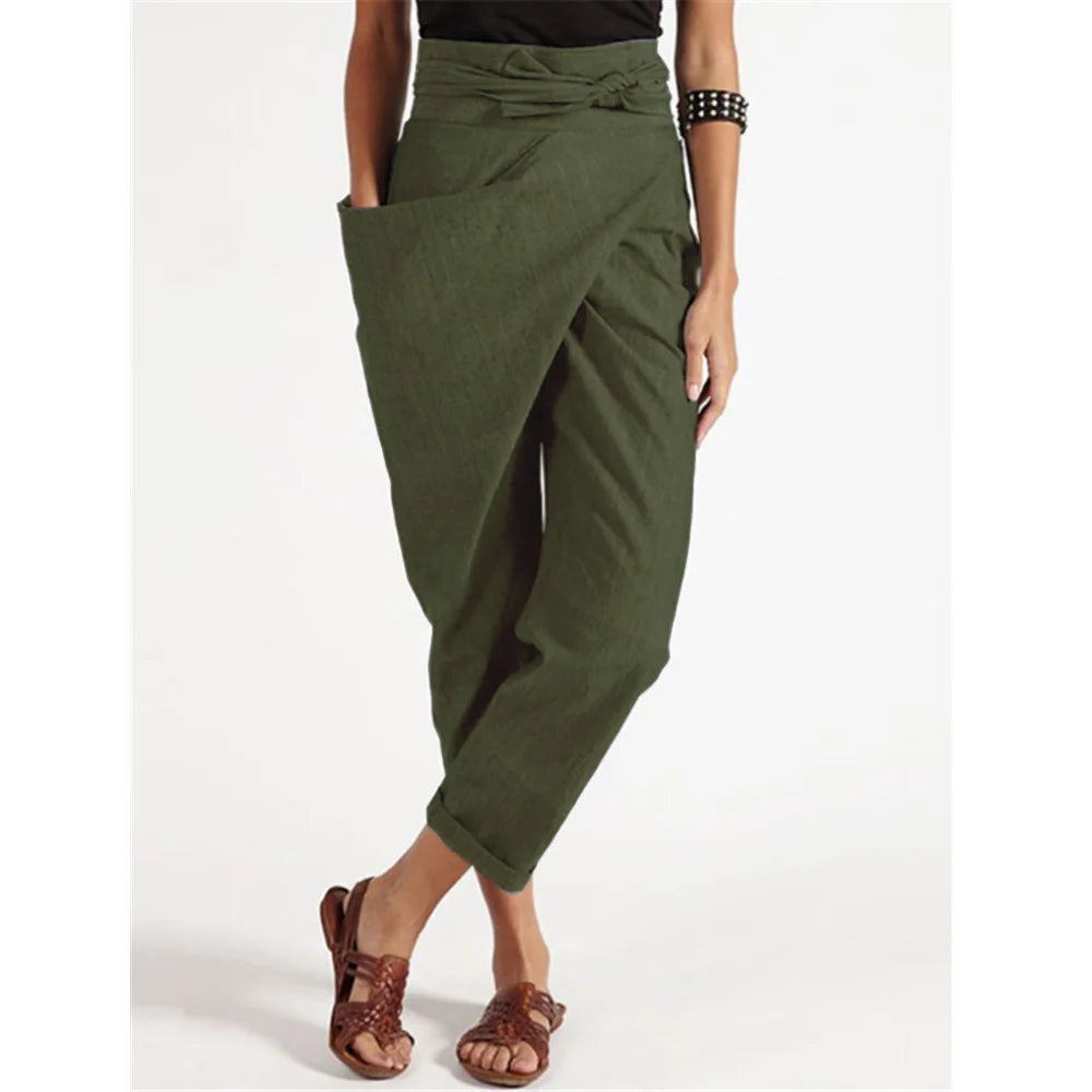 Women's Wide Leg Pants women Trousers Elastic Waist Cargo Casual Pants With Band Irregular lace up cropped pants ropa mujer