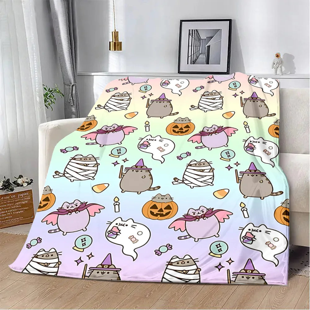 Cartoon Printed Blanket Picnic Blankets Cute Pusheens Cats Warm Blanket Soft and Comfortable Blanket Home Travel Birthday Gift