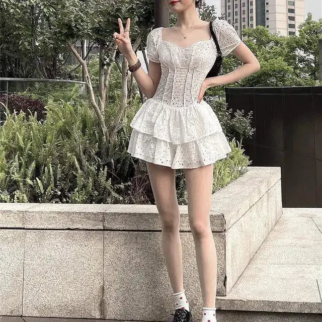 Women Dresses Square Collar Hollow Ruffled Girl Short Culottes Vestido De Mujer Femme Robe