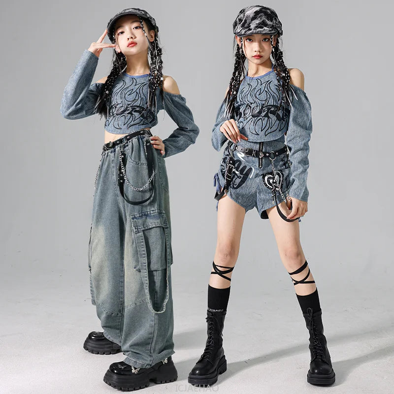2025 Children's Costume Performance Clothes Fashion Street Style Cool Girl Hip Hop Jean Tops Clothing Hiphop Outfit Denim Dance