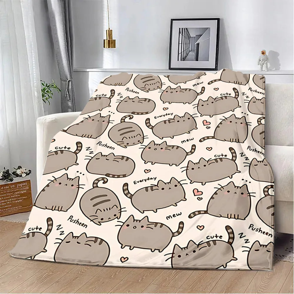 Cartoon Printed Blanket Picnic Blankets Cute Pusheens Cats Warm Blanket Soft and Comfortable Blanket Home Travel Birthday Gift