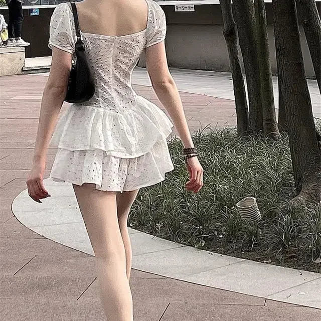 Women Dresses Square Collar Hollow Ruffled Girl Short Culottes Vestido De Mujer Femme Robe