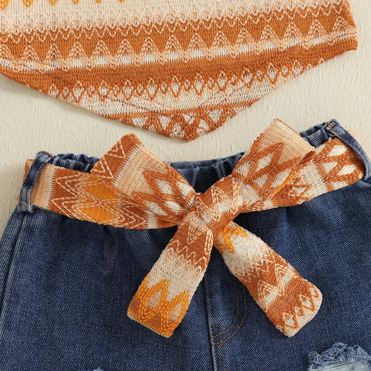 2-7Y Kids Girls Summer Outfits Adorable Boho Print Camisole Tops and Ripped Denim Shorts with Belt Set Fashion Children Clothes