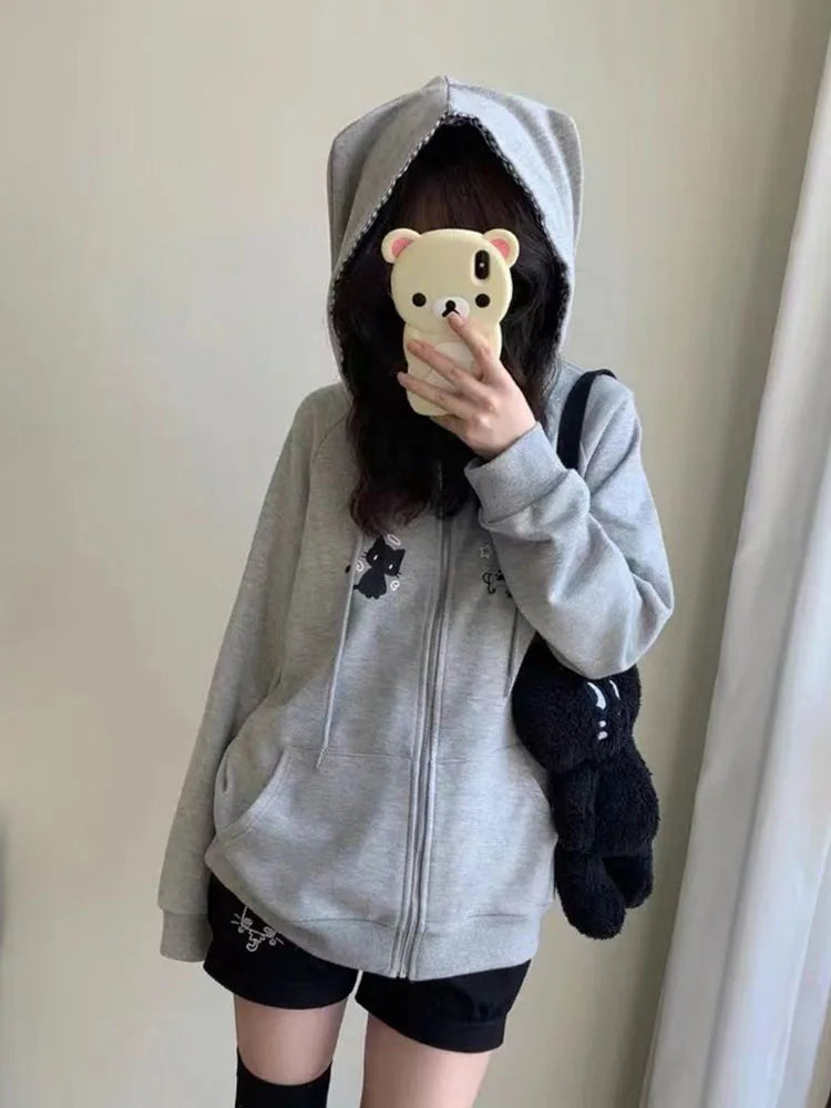 Ropa Mujer Japanese Cute Hoodies Coats Cute Cat Print Hooded Sweatshirts Y2K Tops Women Clothing Casual Zipper Loose Hoodie