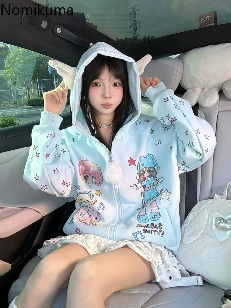 2025 Ropa Mujer Japanese Coat for Women‘s Thicked Cute Cartoon Print Jackets Oversized Tops Casual Fashion Ear Hooded Outwear