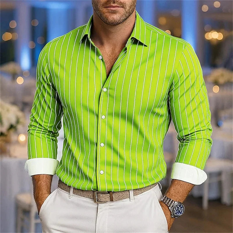 Camisa holgada a rayas para hombre, informal, transpirable, con solapa y botones, manga larga en 11 colores, tela suave y cómoda