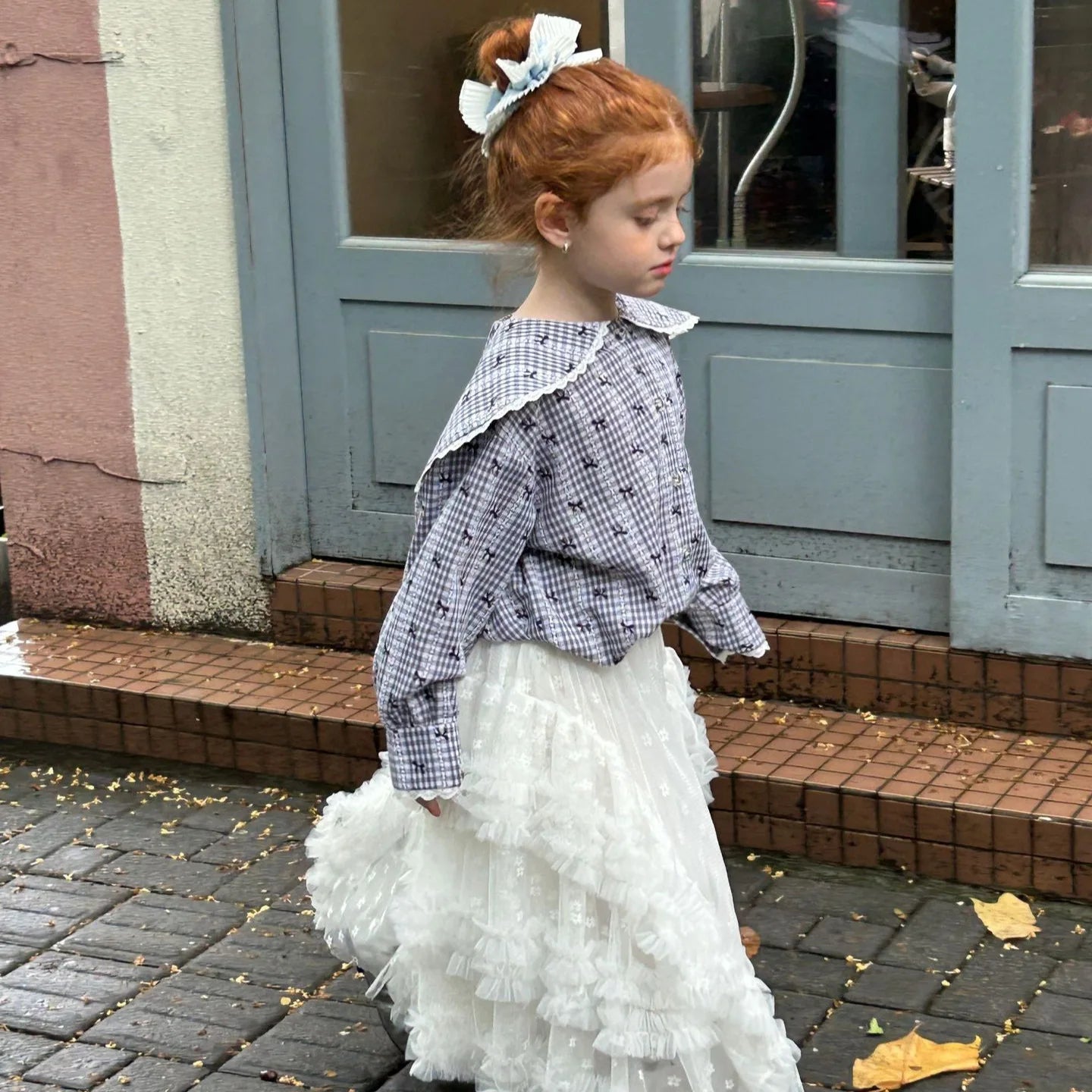 2025 Children's Clothing Girls' Autumn New Fashionable Gentle and Generous Collar Flip Collar Checkered Bow Top