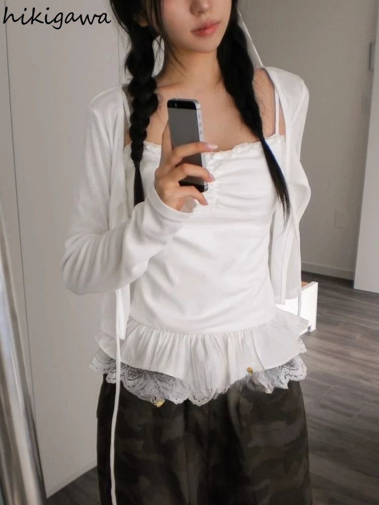 2025 Ropa Mujer Korean Fashion Vest for Women Patchwork Lace Sweet Camis Sleeveless Tunic Camis Solid Color Summer Sexy Tanks