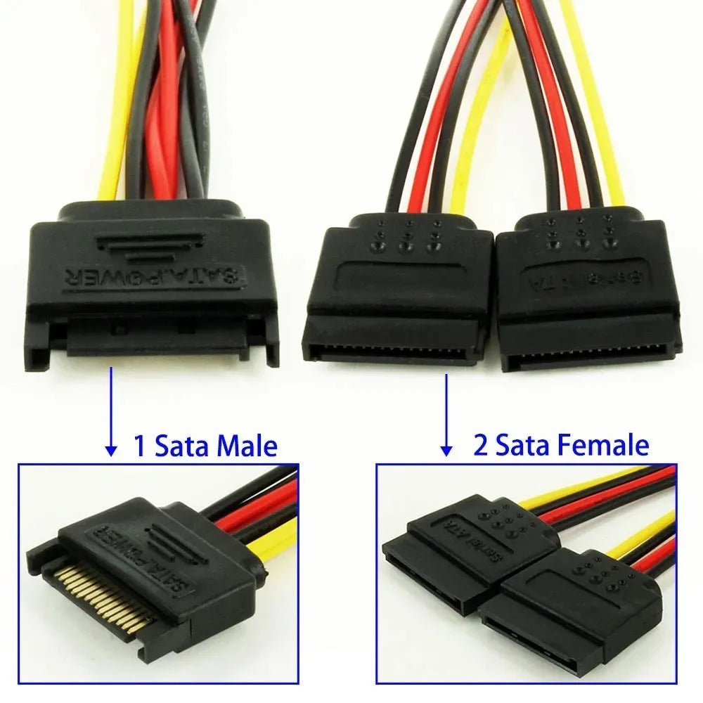 SATA 15pin Male to 2 x SATA 15pin Female Hard Disk Power Cable Serial ATA Y Splitter Dual Extension Cord Adapter Connector
