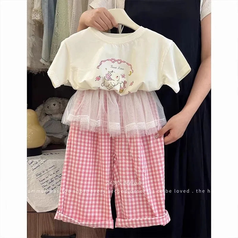 Children's Clothing Sets Girls Cute Suit Kids Short-Sleeved Cartoon Top Lace Trousers 2-Piece Summer New T-Shirt Outfit 2-8 Year