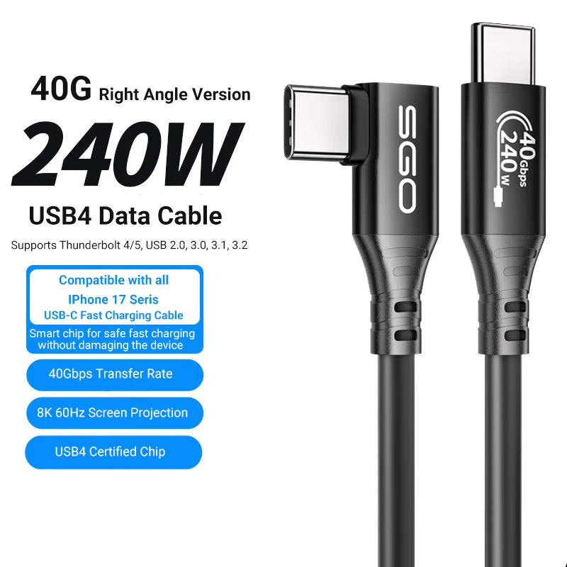 USB C Cable 80Gbps USB 4 Cables 240W Gen 4 Data Cable Compatible with Thunderbolt 5 Cable Right Angle 90 Degree USB Type-C Cable