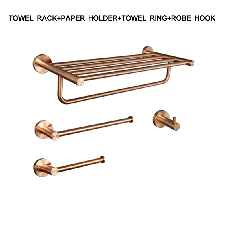 Brushed Rose Gold Stainless Steel Wall-mounted Elegant Bathroom Set Paper Towel Stick Toilet Bathroom Robe Soap Soap Dishwasher