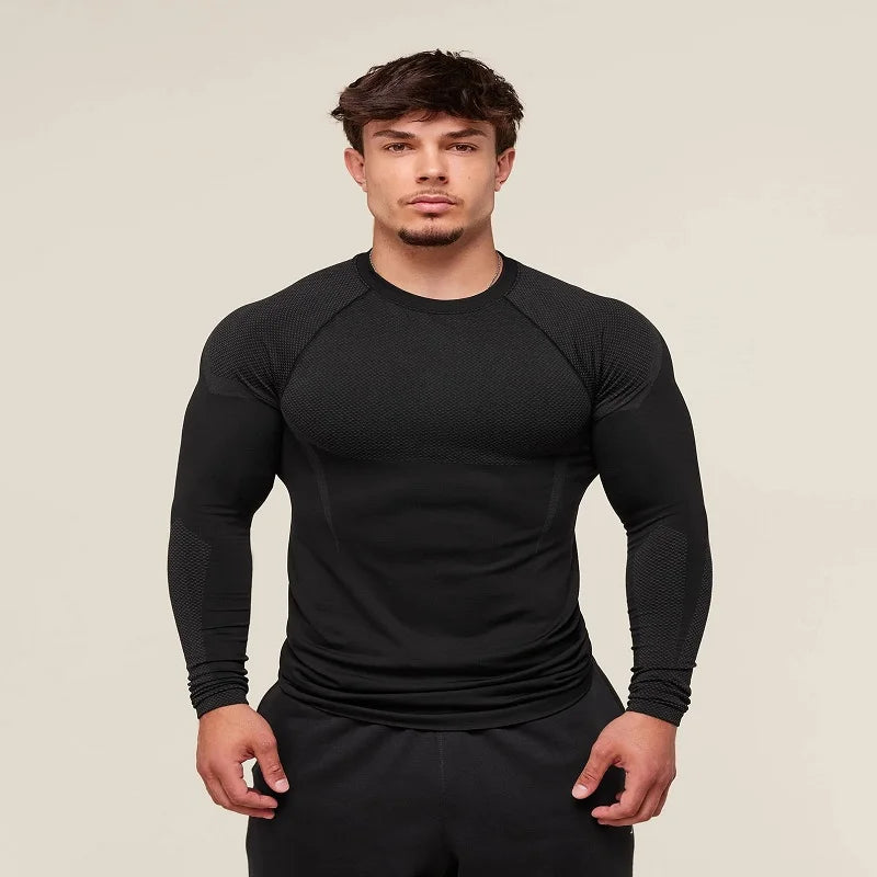 Ropa ajustada para hombre, ropa deportiva para entrenamiento, fitness, correr, cuello redondo largo estampado elástico a la moda