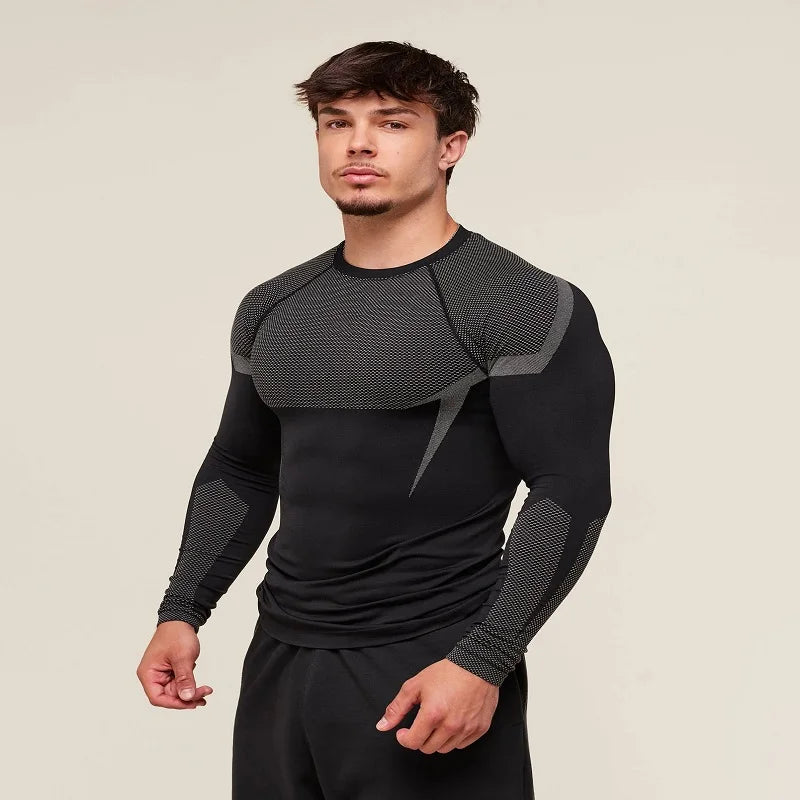 Ropa ajustada para hombre, ropa deportiva para entrenamiento, fitness, correr, cuello redondo largo estampado elástico a la moda