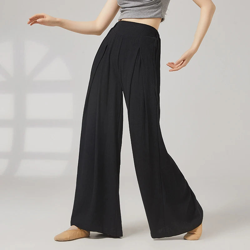 Modern Dance Pant Women Pleat Wide-Leg Trousers Long Straight Elastic Waist Casual Daily Wear Classical Stage Training Costumes