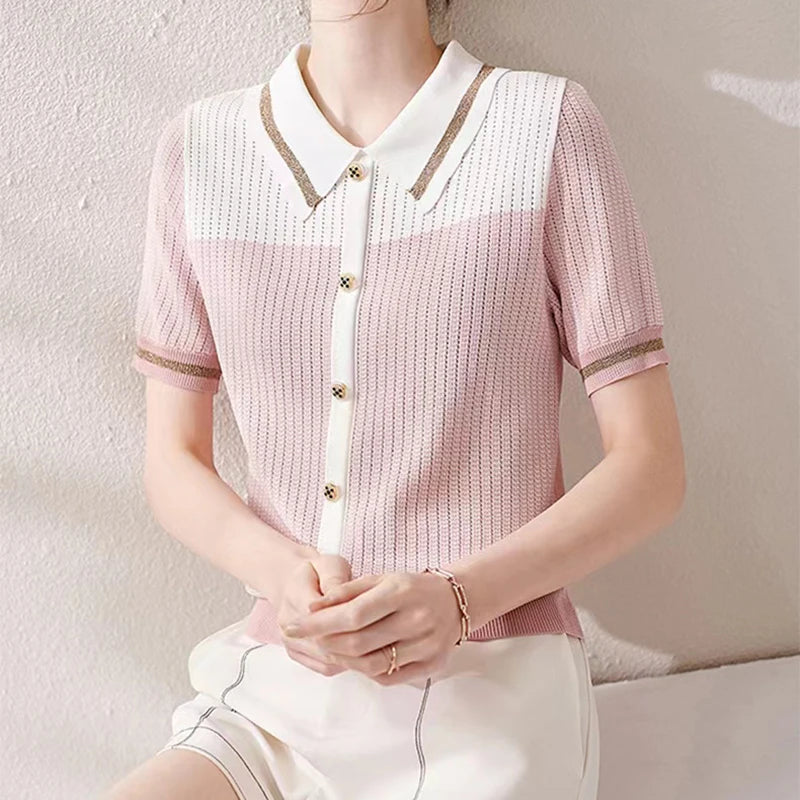 Ropa De Mujer 2024 Summer Casual Tees Patchwork Knitted Tops Women Turn Down Collar Loose T Shirt Female Short Sleeve Tshirts