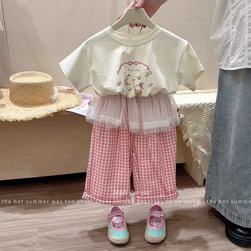 Children's Clothing Sets Girls Cute Suit Kids Short-Sleeved Cartoon Top Lace Trousers 2-Piece Summer New T-Shirt Outfit 2-8 Year