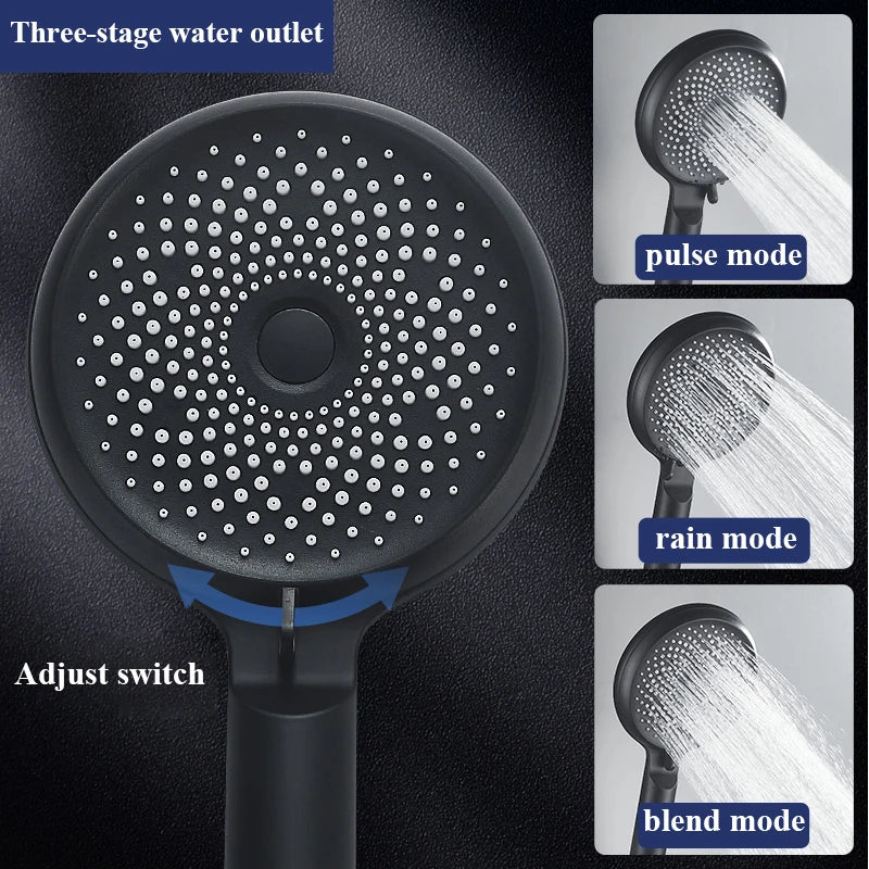 Shower Head 3 Mode Rainfall ABS Round High Pressure Turbo Spray Nozzle Adjustable Black Eco Shower Bathroom Accessories FR102