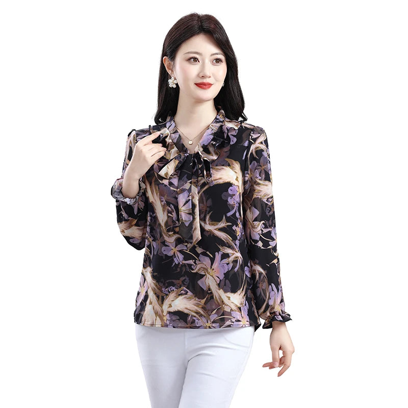 Women Blouse Casual Fashion Bow Ruffles Print Chiffon Blouse Shirt Spring and summer Long Sleeve Women Tops Blusa Mujer