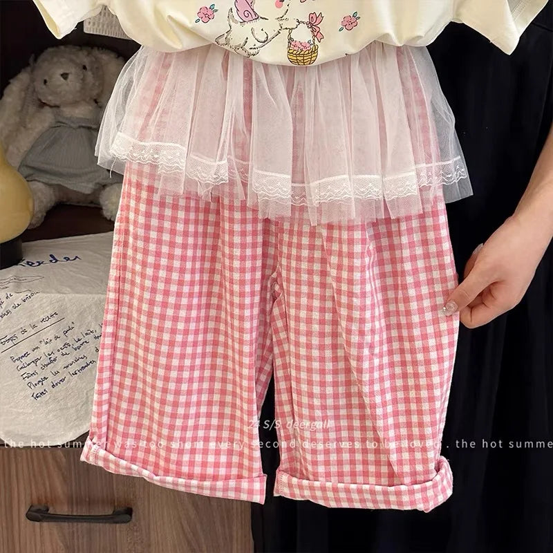 Children's Clothing Sets Girls Cute Suit Kids Short-Sleeved Cartoon Top Lace Trousers 2-Piece Summer New T-Shirt Outfit 2-8 Year