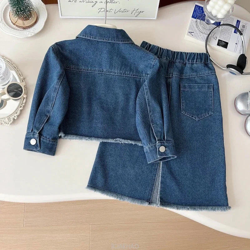 Teen Girl Clothes Little Baby 2 Piece Clothing DenimPiece Sets Fashion Children Autumn Outfits Kids Jacket and Long Skirts Two