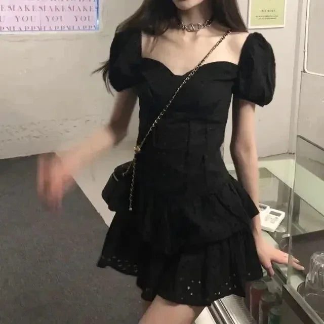Women Dresses Square Collar Hollow Ruffled Girl Short Culottes Vestido De Mujer Femme Robe