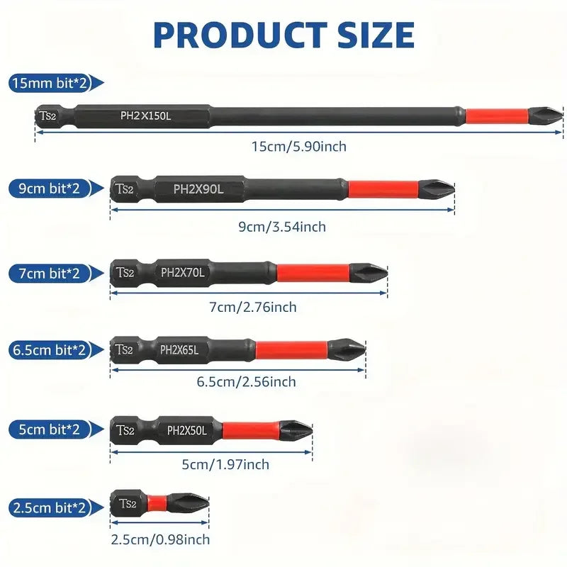 Anti-Slip and Shock-Proof Bits Screwdriver Bits,High Hardness Strong Magnetic 25/50/65/70/90/150mm PH2 Screwdriver Set