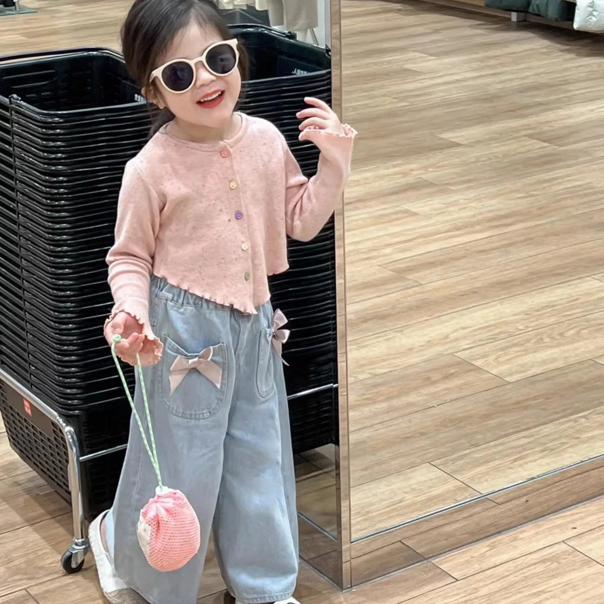 Children's Clothing Sets Pink Long-sleeved Sweater + Bow Denim Wide-leg Pants 2pcs Girls Clothes 2 To 6 Years Baby Girl Clothes